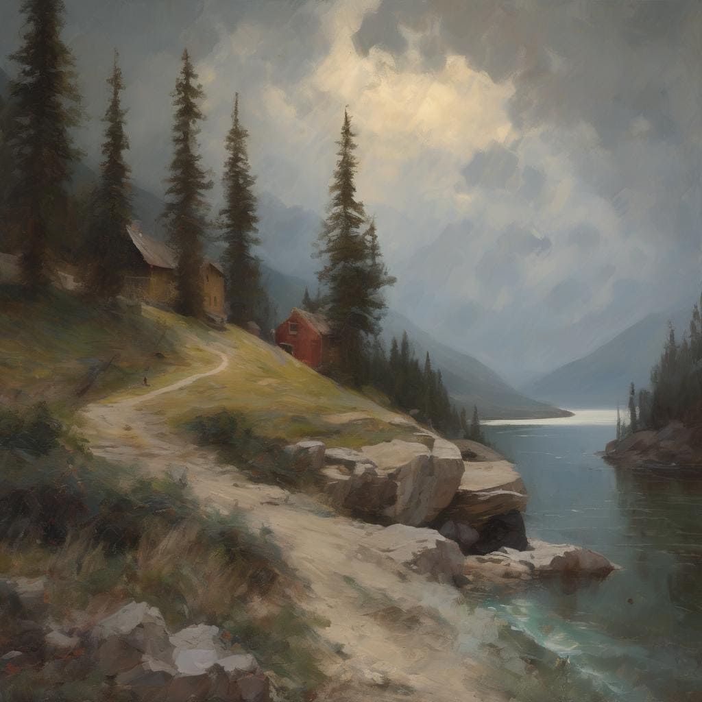 Λήψη μεσαιωνικού τοπίου με δάση, βρύσες και ποτάμια, που αναδεικνύει την τέχνη της σύγχρονης ζωγραφικής.