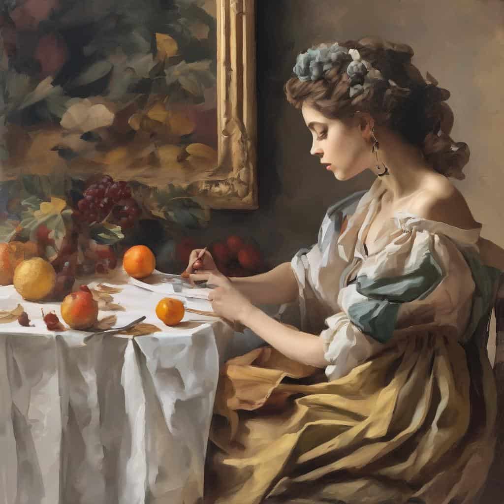 Ιστορική ζωγραφιά, νεαρή γυναίκα με κοσμήματα και λευκό φόρεμα, καθισμένη στο τραπέζι με φρούτα, αστικό σκηνικό.