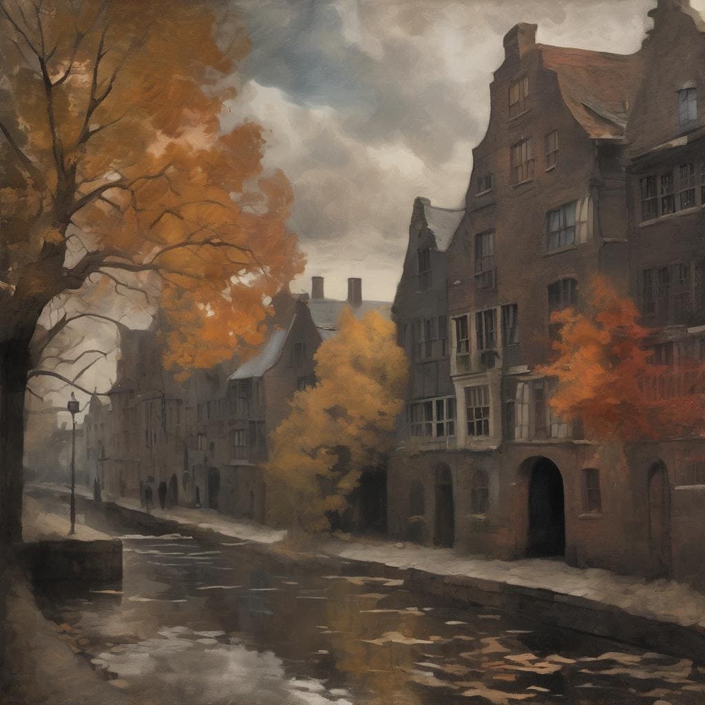 Λοφιώδης καλλιτεχνική σκηνή του σήμερα με αρχοντικά σε φθινοπωρινό τοπίο.