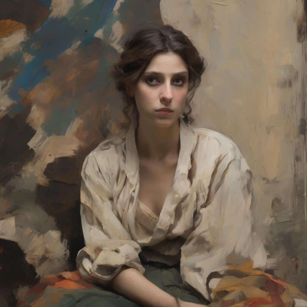 Ρεαλιστική πορτρέτο νεαρής γυναίκας με καλλιτεχνική σκηνή στη σύγχρονη τέχνη.