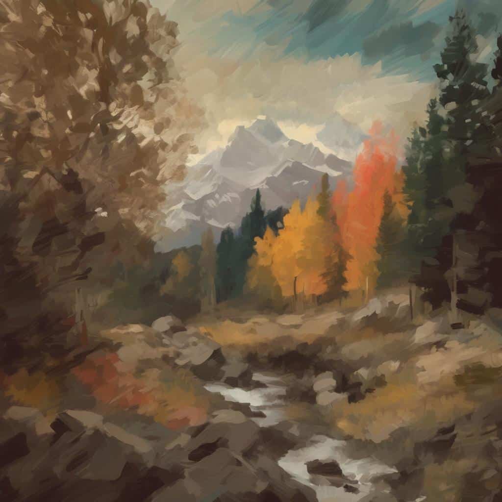 Φωτογραφία με καλλιτεχνική απόδοση τοπίου, βουνά, ποταμός, φθινοπωρινά δέντρα, τέχνη τοπίου, σύγχρονη τέχνη.